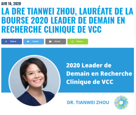 LA DRE TIANWEI ZHOU, LAURÉATE DE LA BOURSE 2020 LEADER DE DEMAIN EN RECHERCHE CLINIQUE DE VCC